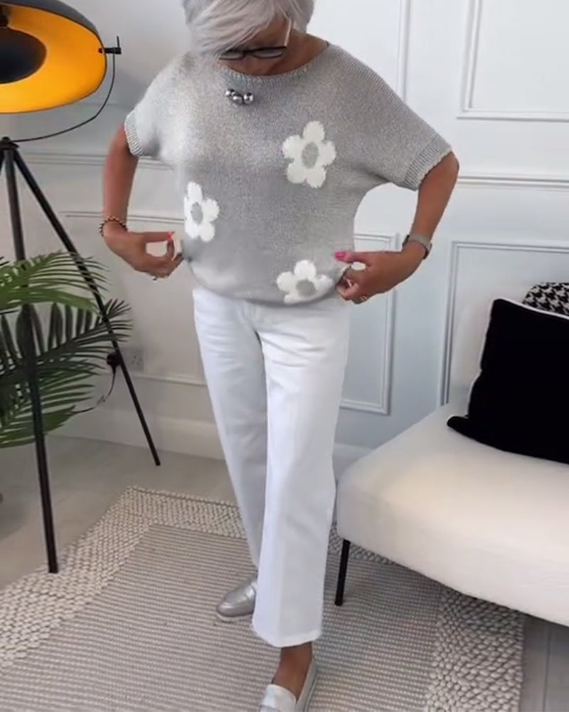 Mary™ – Casual Gebreid T-shirt met Bloemenpatroon
