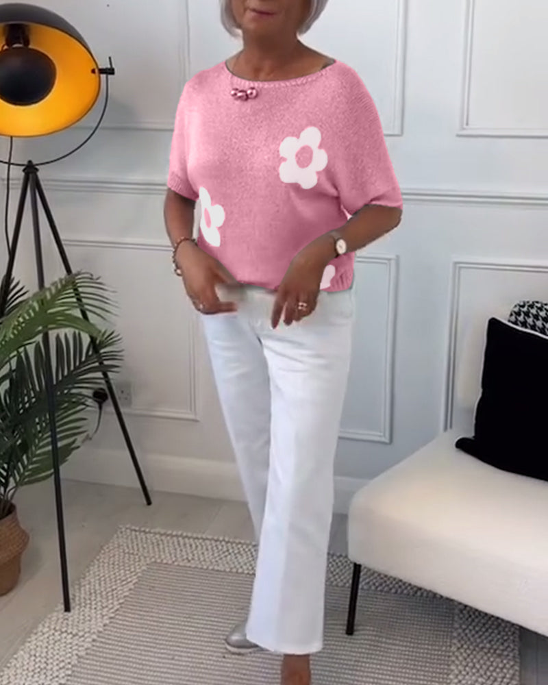 Mary™ – Casual Gebreid T-shirt met Bloemenpatroon