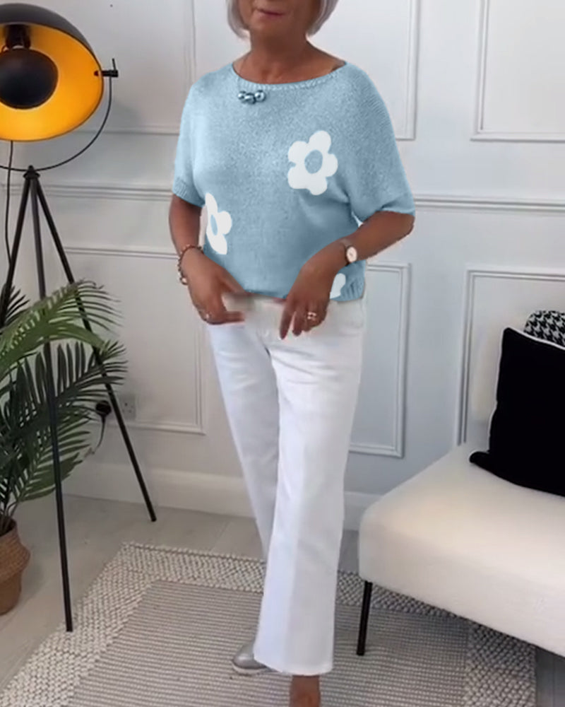 Mary™ – Casual Gebreid T-shirt met Bloemenpatroon