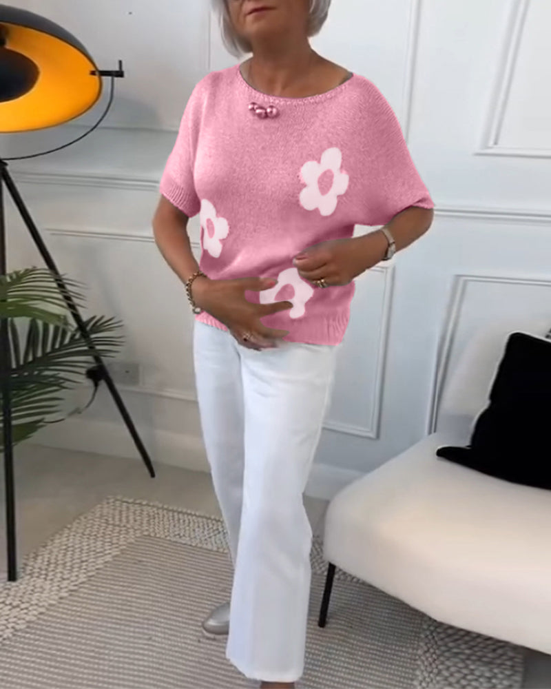 Mary™ – Casual Gebreid T-shirt met Bloemenpatroon