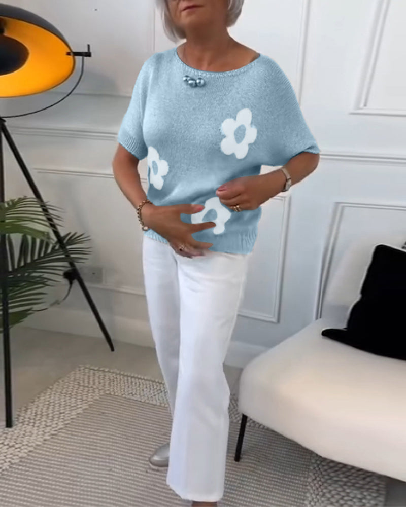 Mary™ – Casual Gebreid T-shirt met Bloemenpatroon