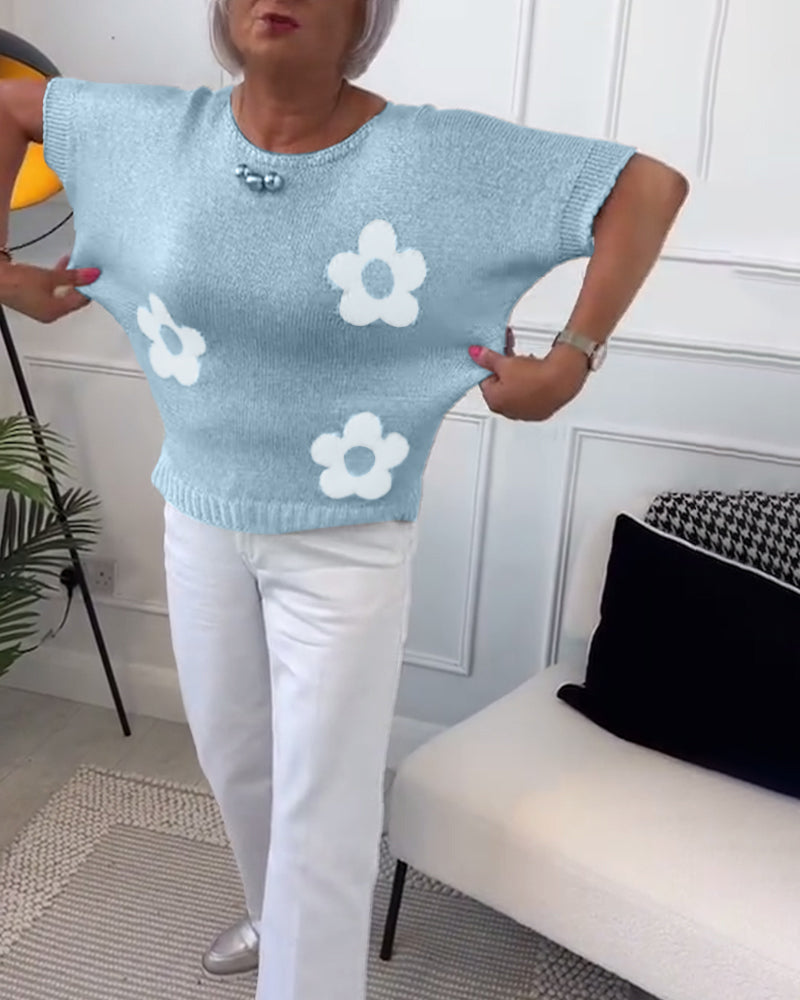 Mary™ – Casual Gebreid T-shirt met Bloemenpatroon
