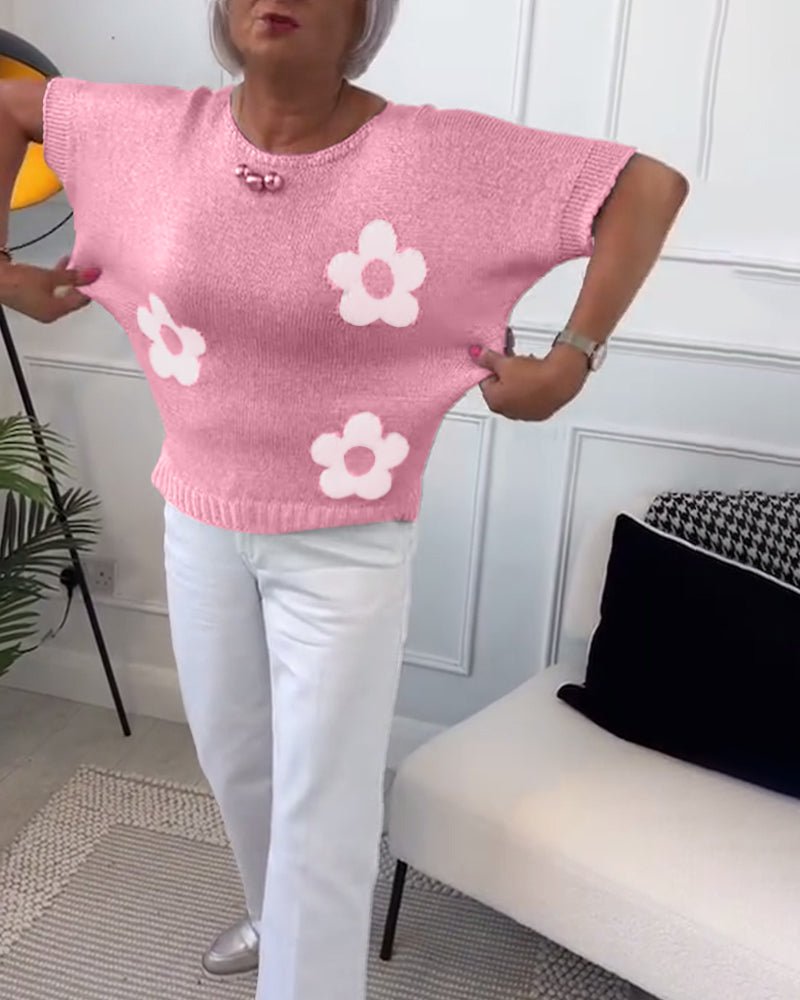 Mary™ – Casual Gebreid T-shirt met Bloemenpatroon