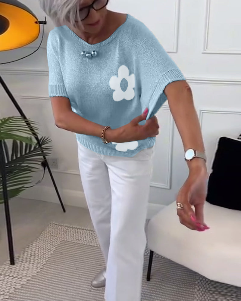 Mary™ – Casual Gebreid T-shirt met Bloemenpatroon