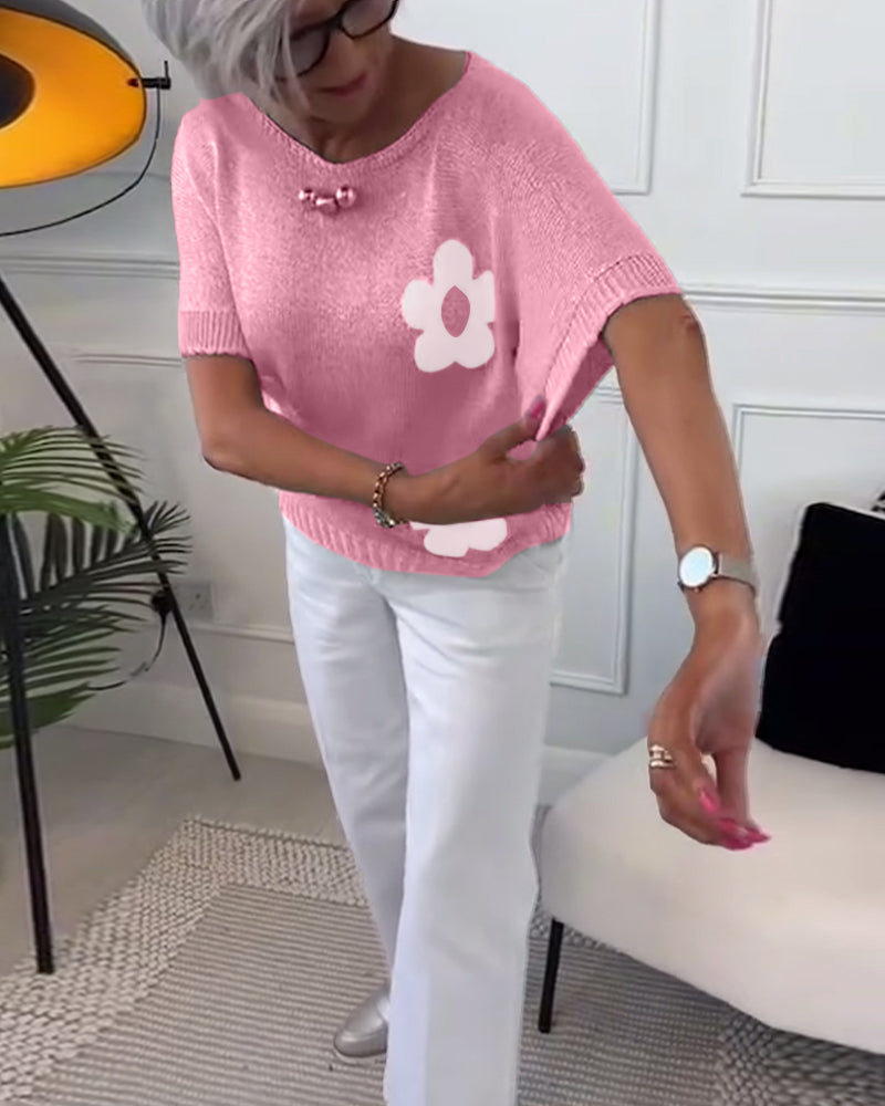 Mary™ – Casual Gebreid T-shirt met Bloemenpatroon