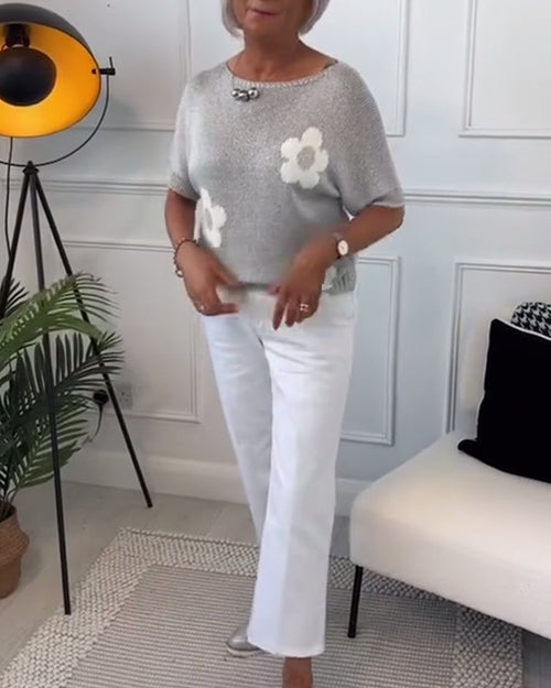 Mary™ – Casual Gebreid T-shirt met Bloemenpatroon