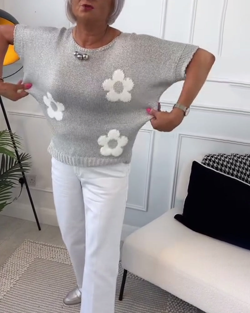 Mary™ – Casual Gebreid T-shirt met Bloemenpatroon