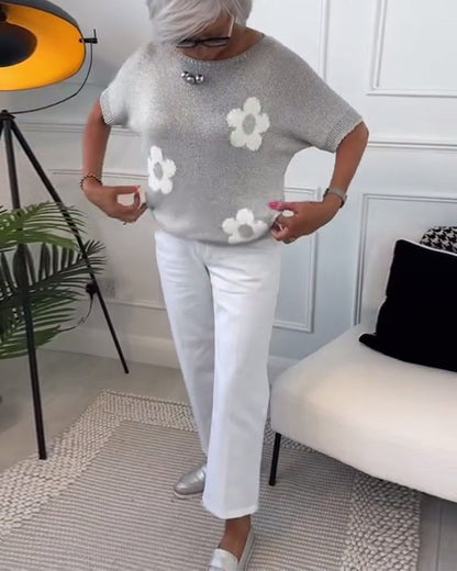 Mary™ – Casual Gebreid T-shirt met Bloemenpatroon